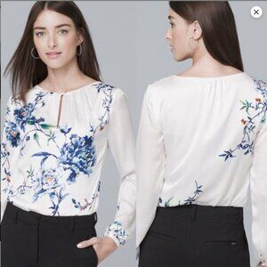 WHBM Ivory Long Sleeve Blouse with Large Blue Floral Print - Size 4/Small